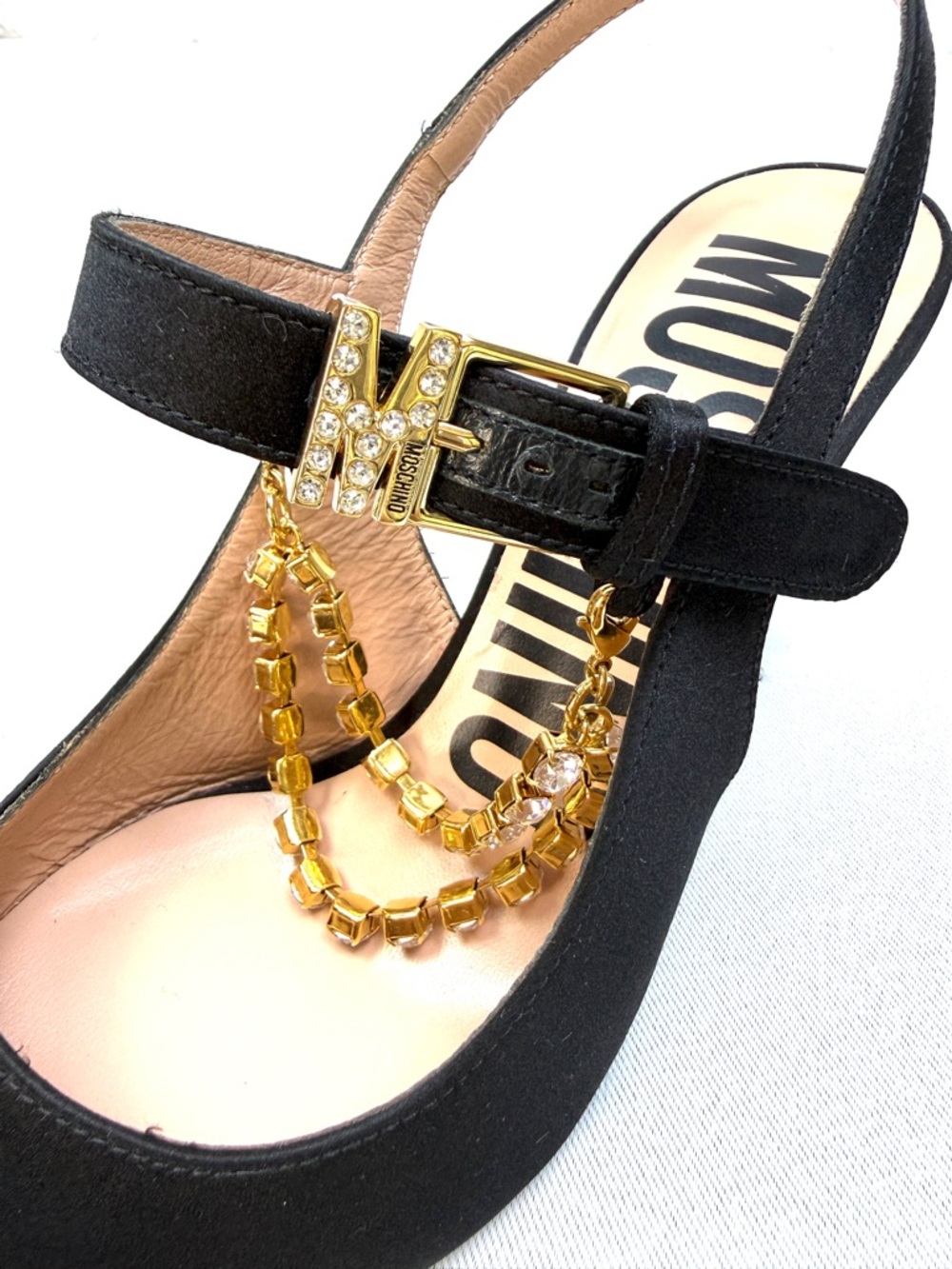 Moschino Crystal Chain Slingback Pumps Black Silk Satin Heels EU 35 NWO Box - Picture 6 of 13